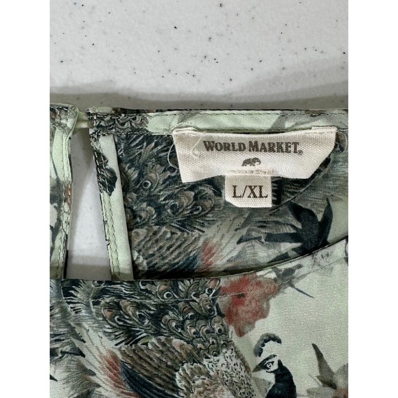 World Market Blouse L/XL Mint Green Peacock Bird Floral Pleated 3/4 Sleeve - Picture 3 of 8